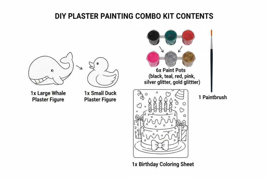 Whale and duck DIY kit contents diagram