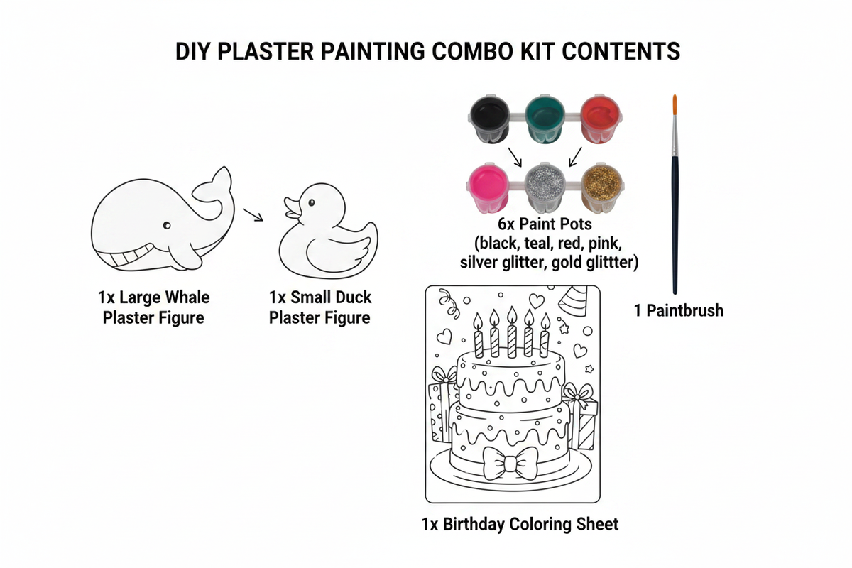 Whale and duck DIY kit contents diagram
