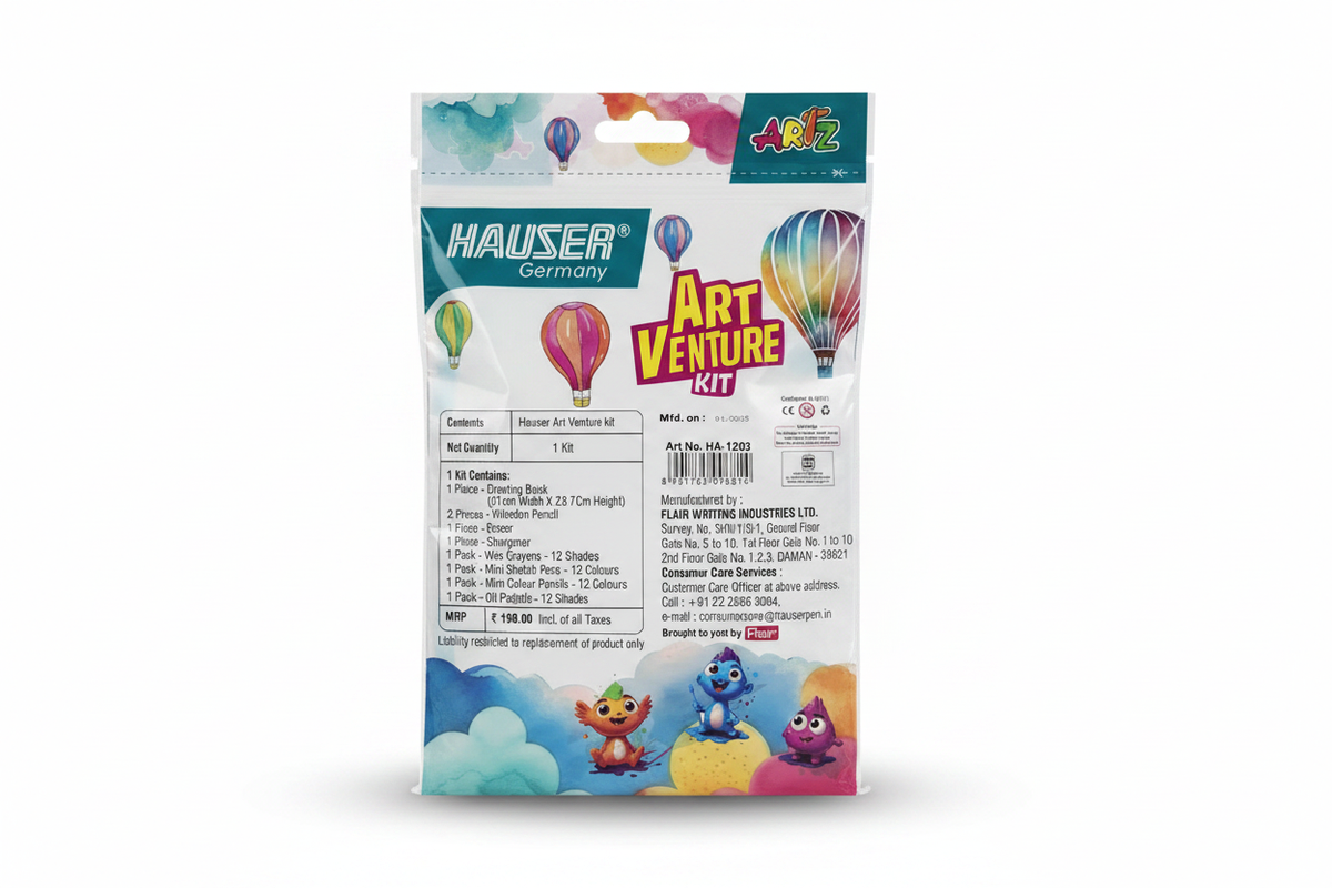 Hauser Art Venture Kit back view with full contents list and MRP Rs 150