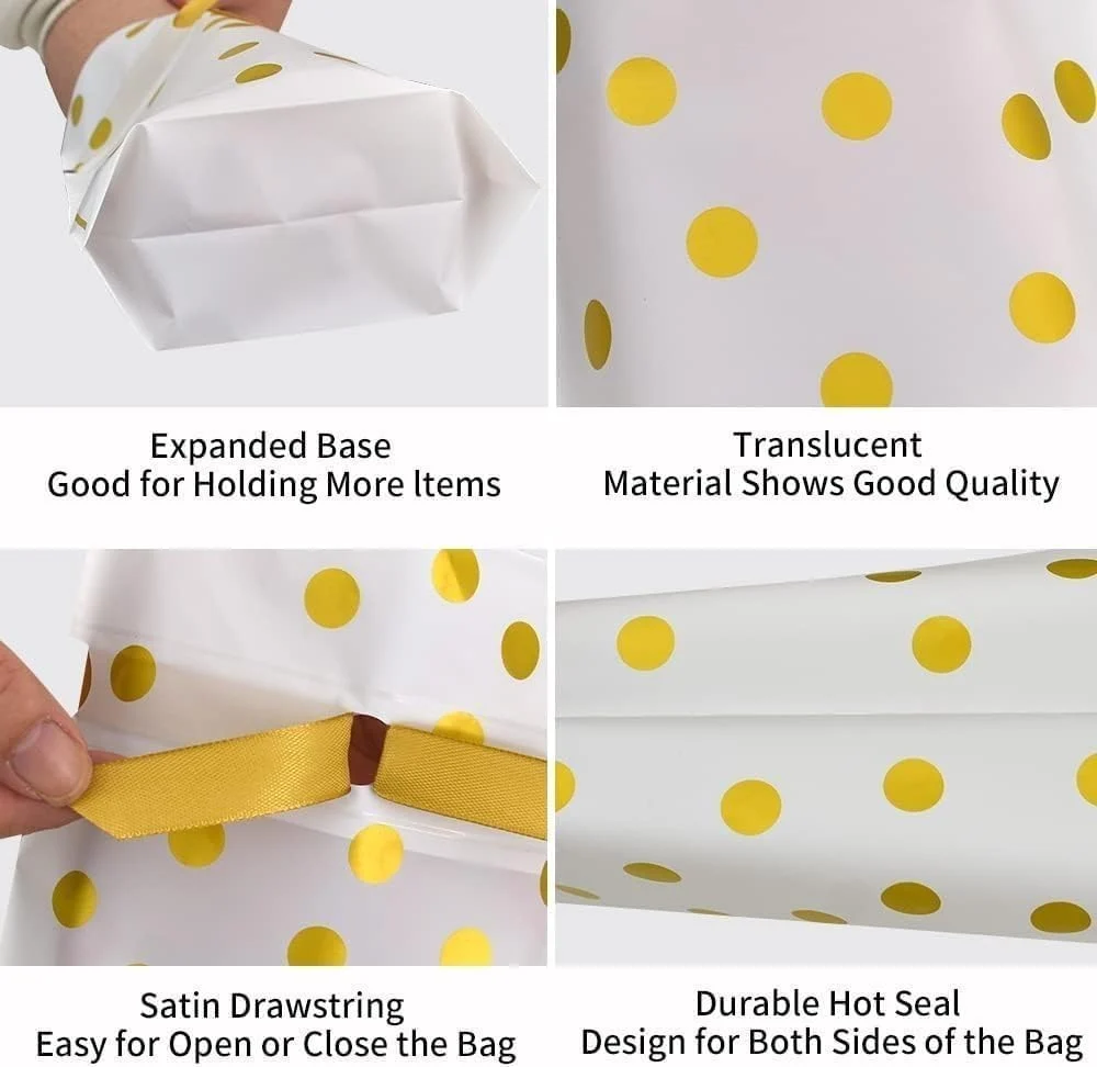 Features of polka dot gift pouch - expanded base, translucent material, satin drawstring and durable hot seal design