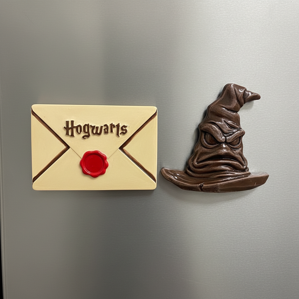 Painted Hogwarts Letter and Sorting Hat fridge magnets on refrigerator