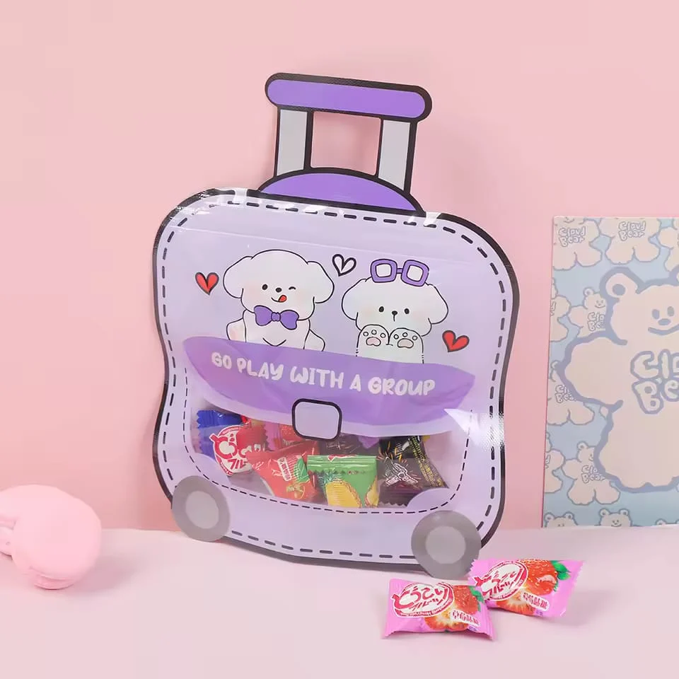 Purple trolley bag design ziplock pouch with bear cartoon print filled with colourful candies