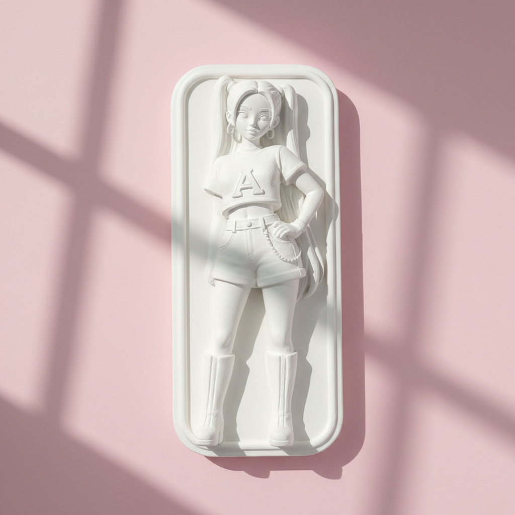Mira plaster figure pink background editorial mockup