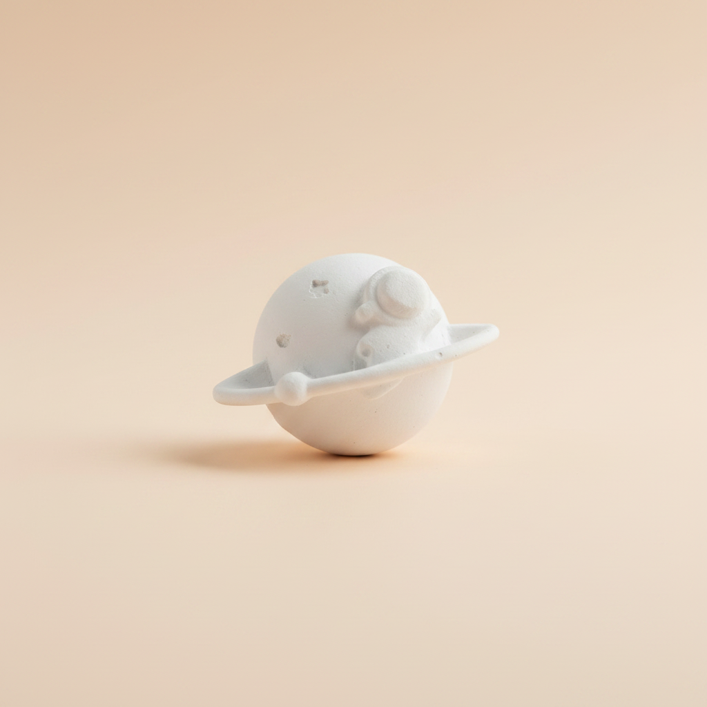 White plaster Saturn planet fridge magnet with rings on soft light peach background