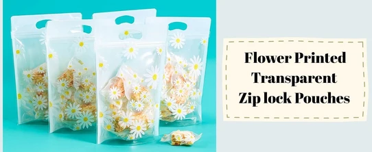 Flower printed transparent ziplock pouches product banner showing daisy design