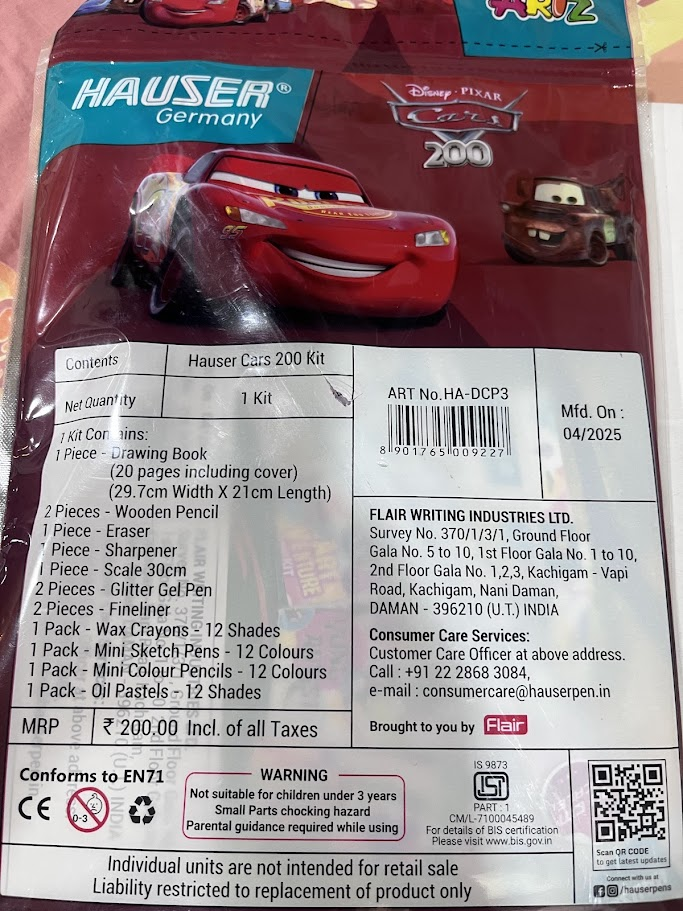 Hauser Disney Pixar Cars 200 Art Kit | 13-in-1 Stationery Set | Kids Return Gift