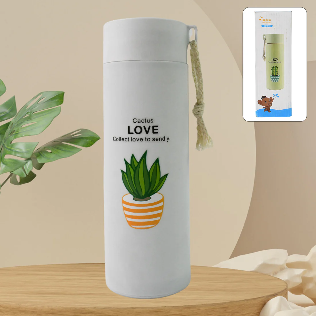 White cactus love stainless steel thermos bottle 450ml with jute rope handle and gift box packaging