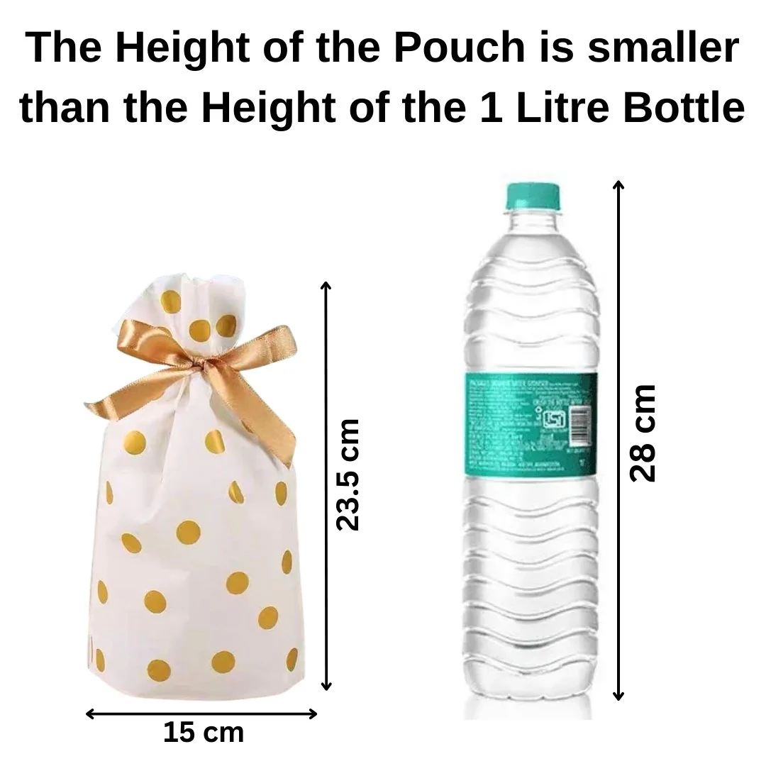 Size reference of polka dot gift pouch - 23.5cm x 15cm compared to 1 litre water bottle