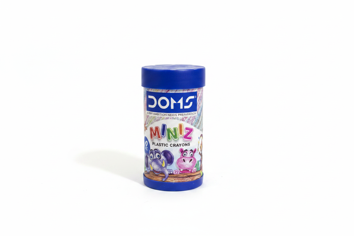 DOMS Miniz Plastic Crayons blue cylindrical container front view