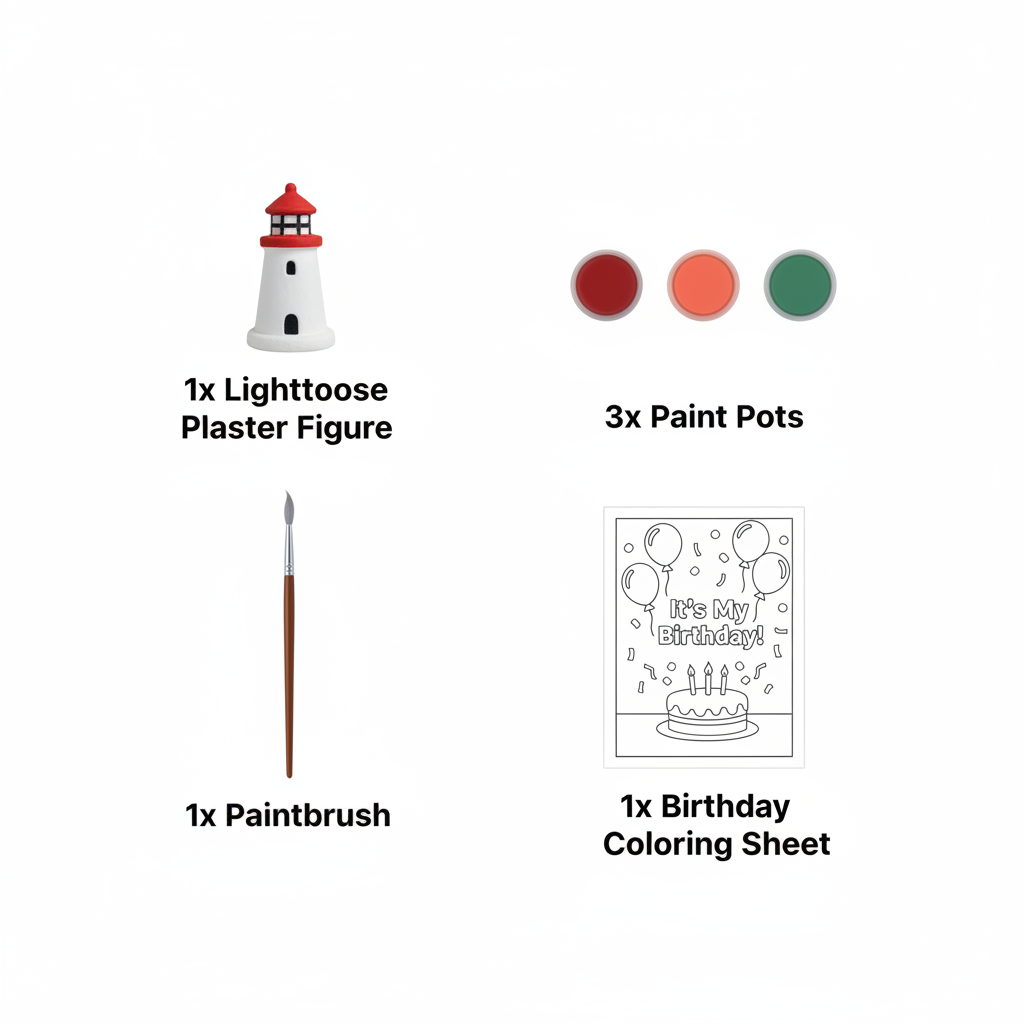 DIY lighthouse fridge magnet kit contents diagram with labels
