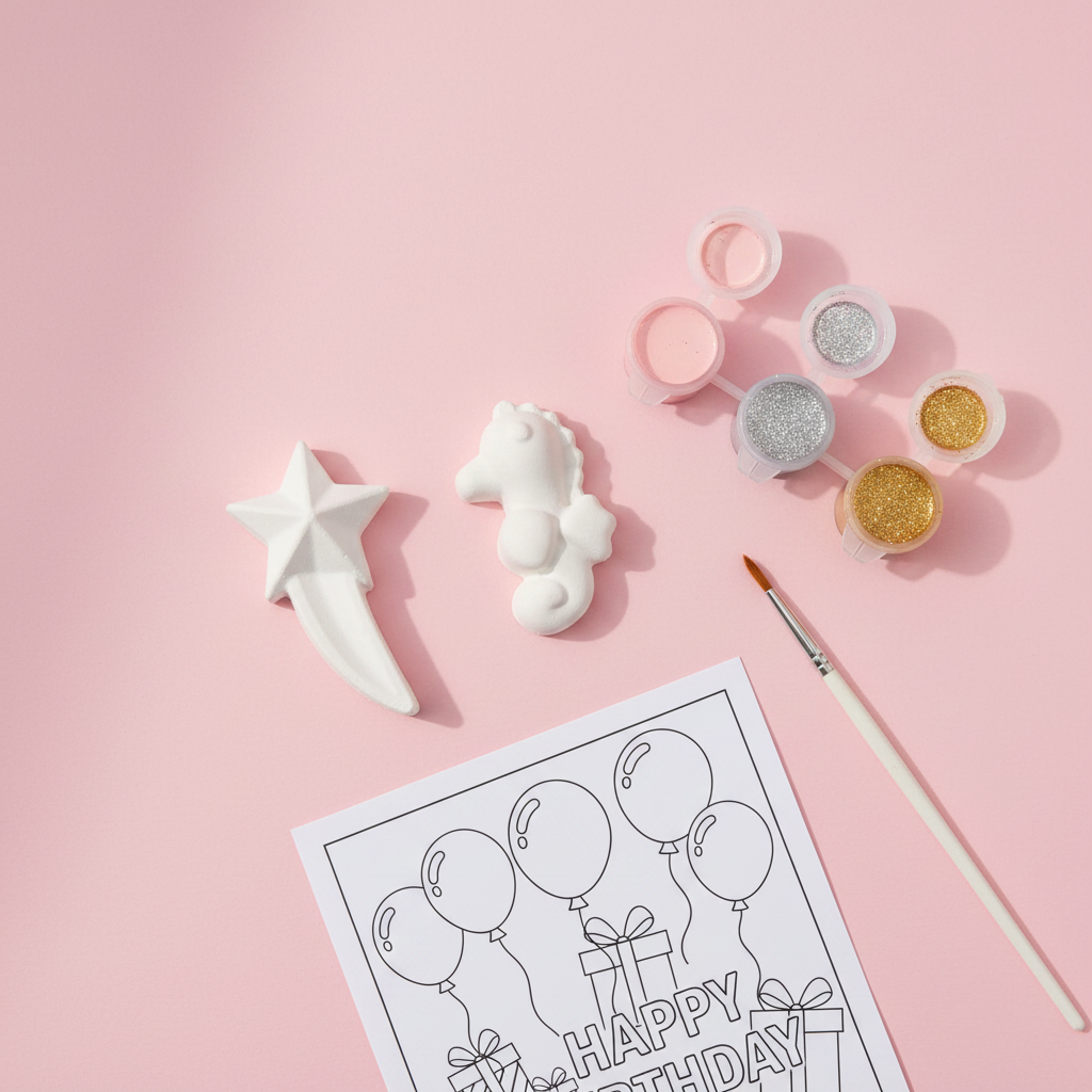 Shooting star and seahorse DIY kit flat lay on pink background