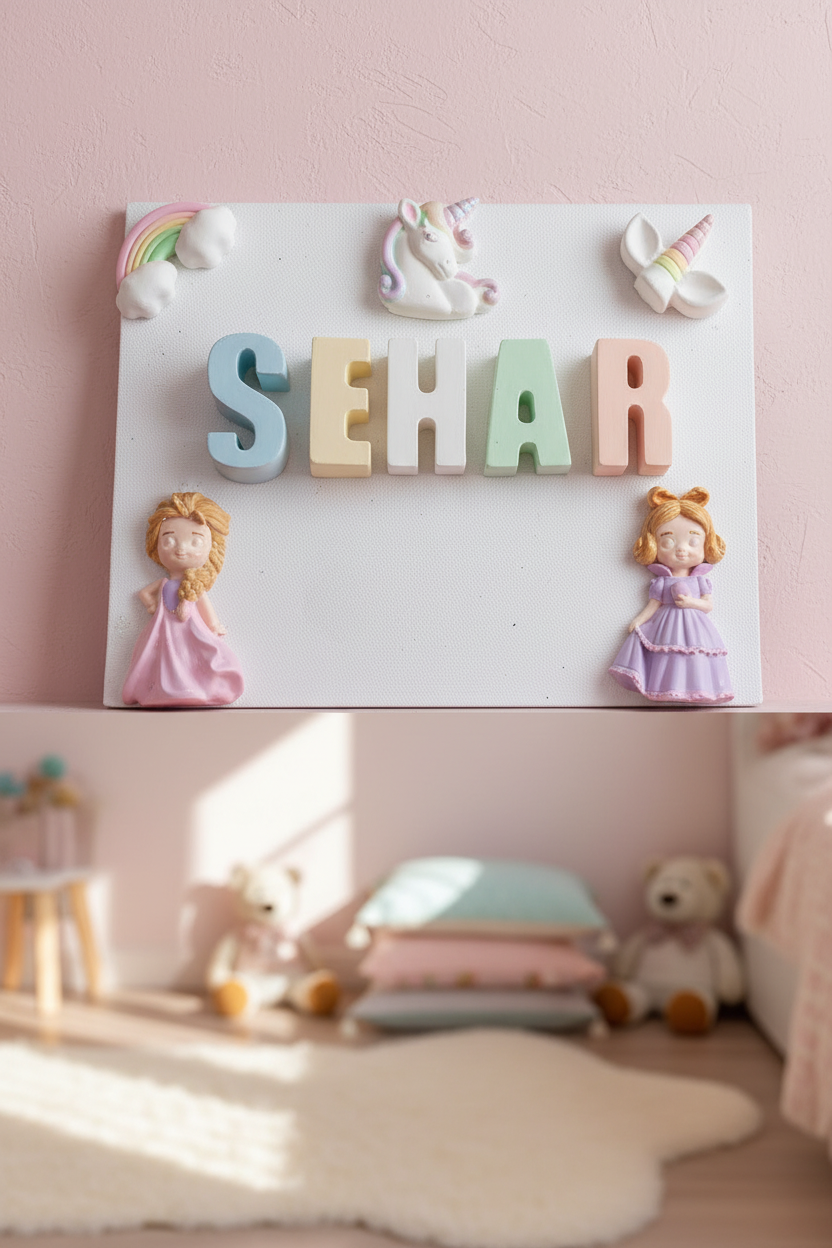 Painted kids name plaque mounted on children's bedroom wall