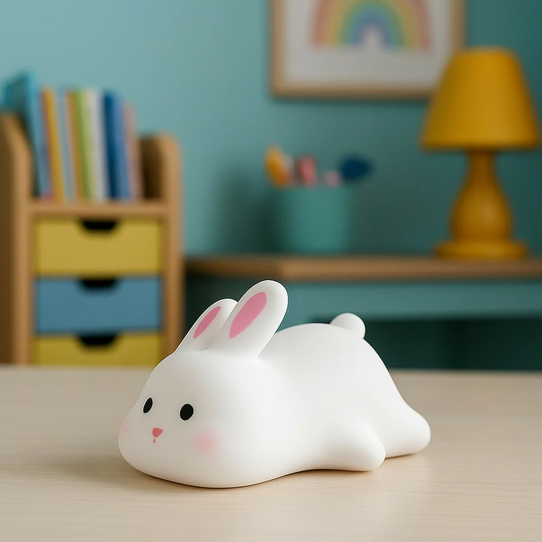 White bunny shaped silicone night light on a desk in a colourful kids room