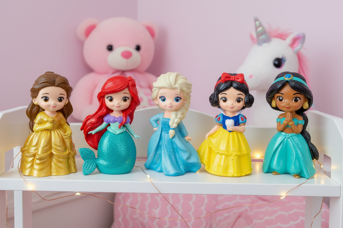 Painted Disney Princess figurines displayed on shelf in kids bedroom