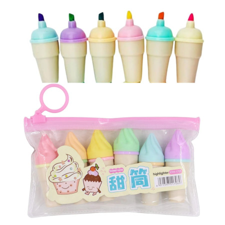 Myly Ice Cream Cone Shape Highlighter 6 shades in transparent zip pouch Q-173