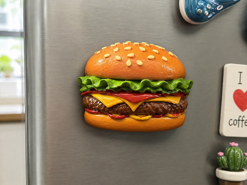 Colourful burger fridge magnet on refrigerator
