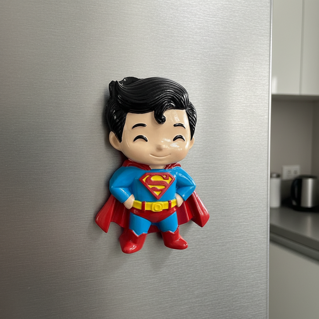 Painted Superman fridge magnet on refrigerator