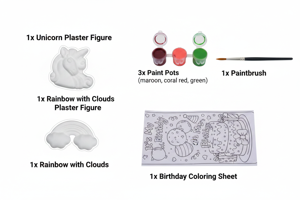 Unicorn and rainbow DIY kit contents diagram