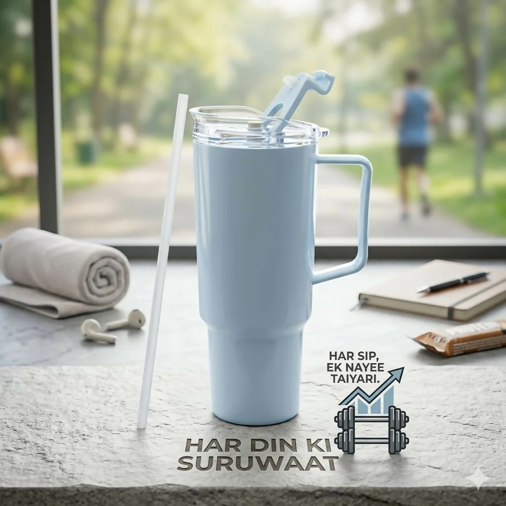 Pastel blue Toony Tumbler 1800ml with straw and handle on a gym desk with earbuds and notebook