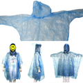 Disposable blue hooded raincoat poncho shown flat and worn by a person from front, side and back views