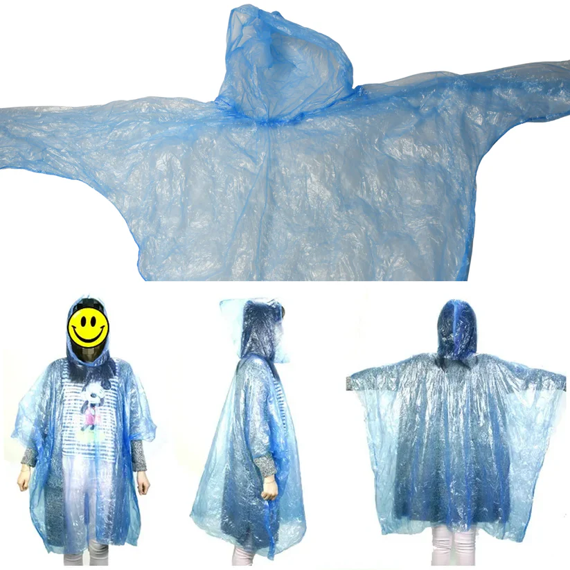Disposable blue hooded raincoat poncho shown flat and worn by a person from front, side and back views