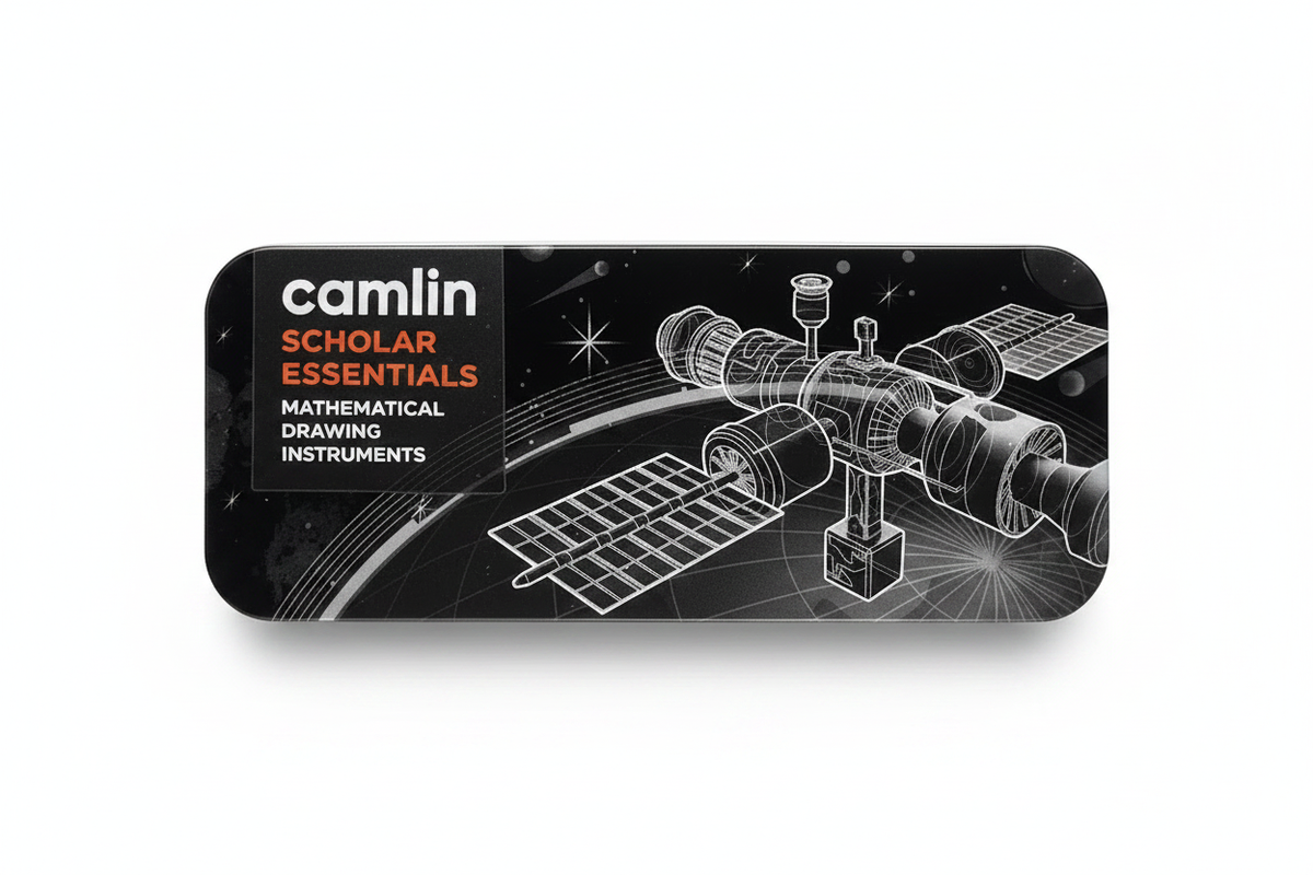 Camlin Scholar Essentials tin geometry box top view