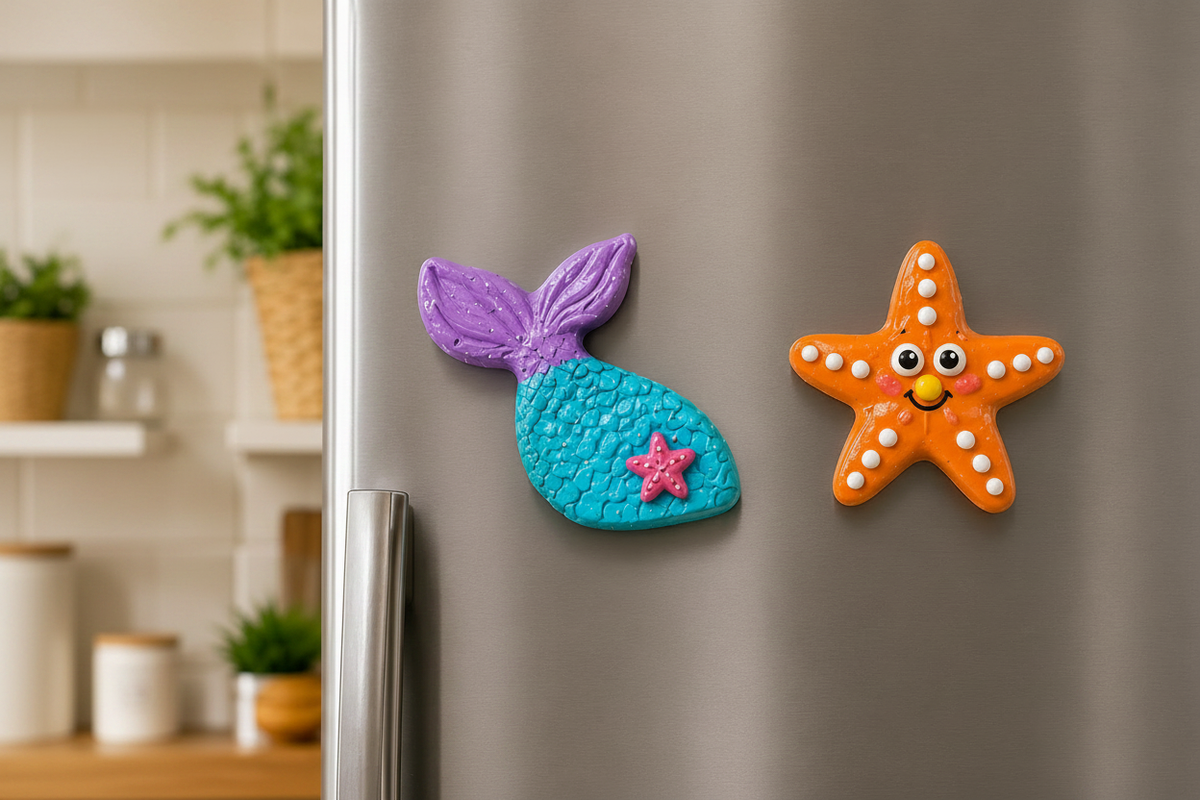 Finished DIY mermaid tail and starfish painted figurines displayed as fridge magnets