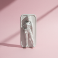 White unpainted K-Pop girl figurine with background plate on pastel pink background