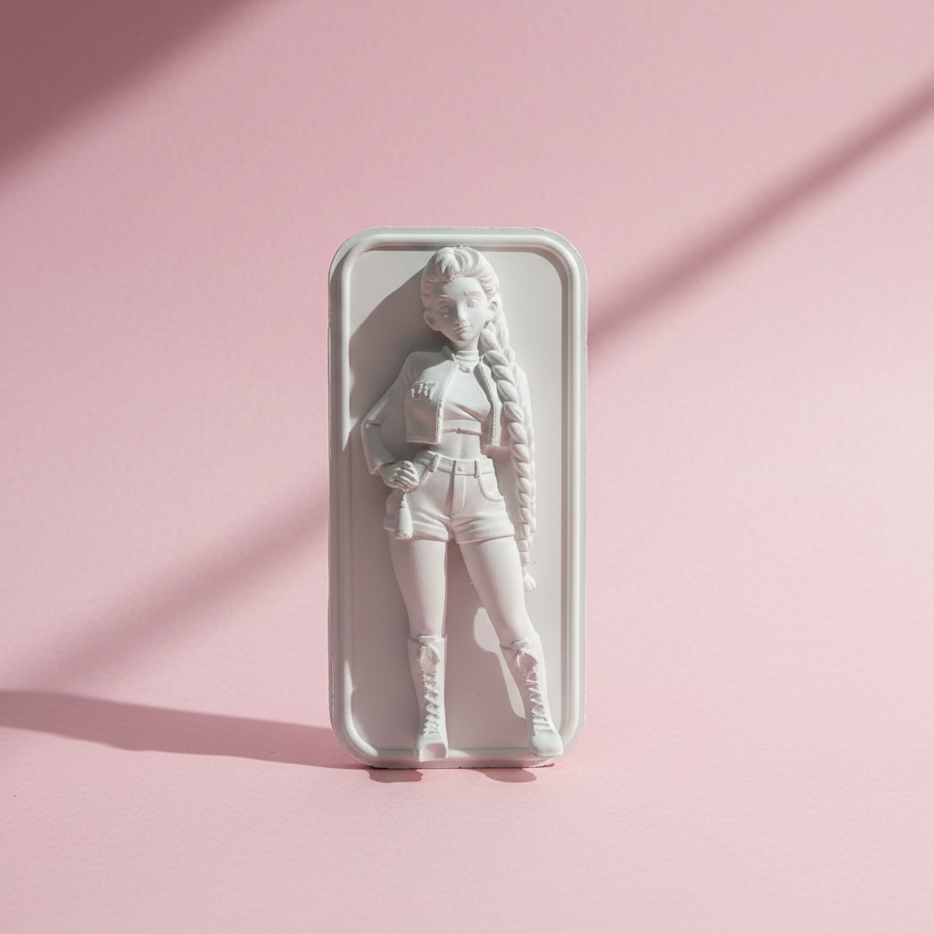 White unpainted K-Pop girl figurine with background plate on pastel pink background