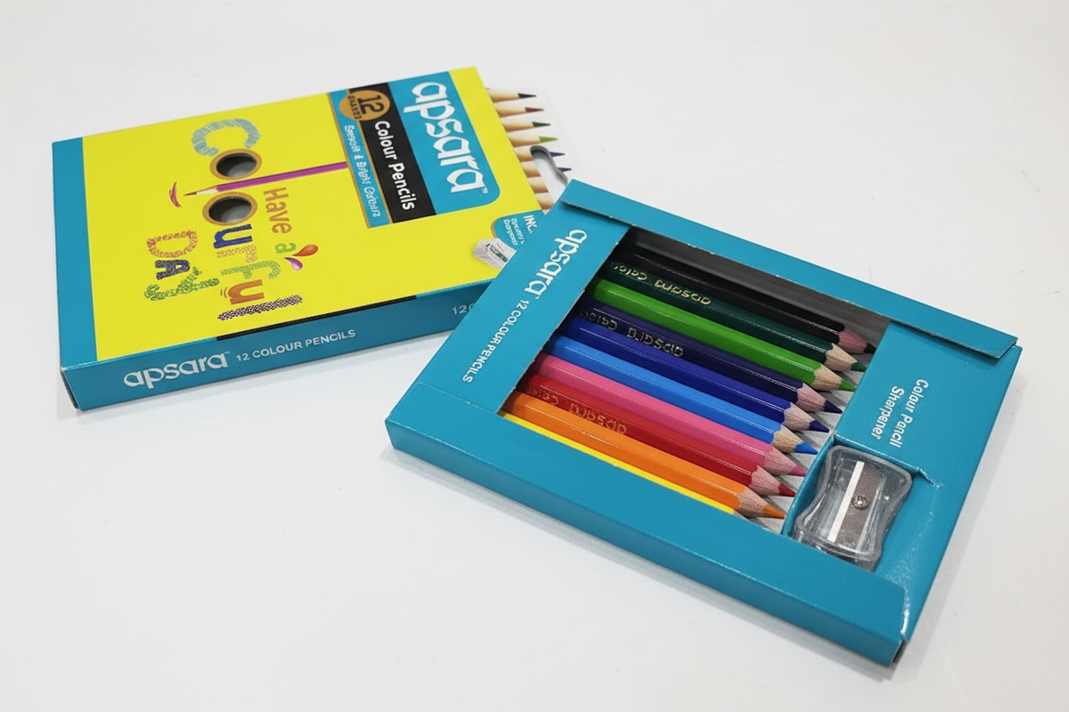 Apsara 12 Colour Pencils open box showing all pencils and sharpener