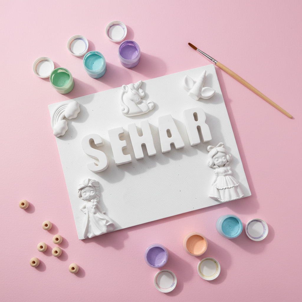 Customisable kids name plaque with paint pots and brush flat lay