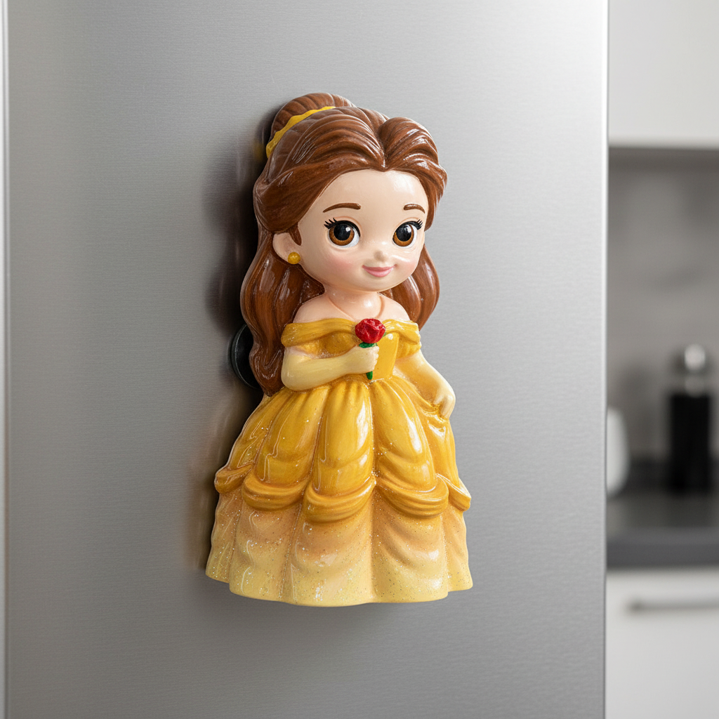 Painted Belle fridge magnet on refrigerator