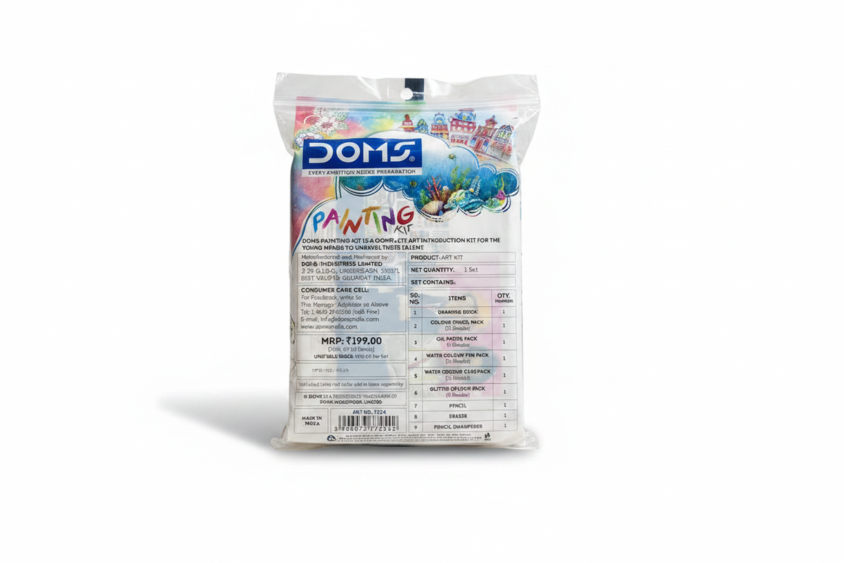 DOMS Painting Kit back view with contents table and MRP Rs 199