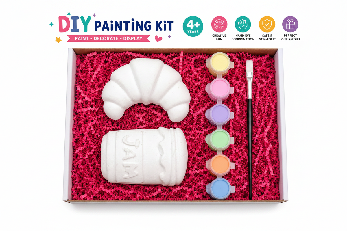 DIY Croissant and JAM Jar Painting Kit open gift box with contents