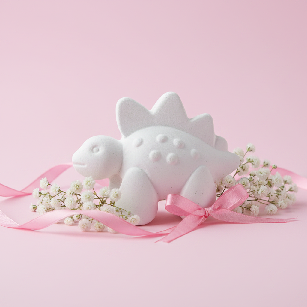 Beautified product photo of unpainted white plaster Stegosaurus figure on pastel pink background with flowers