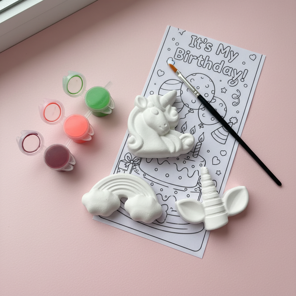 Unicorn trio DIY fridge magnet kit flat lay on pink background