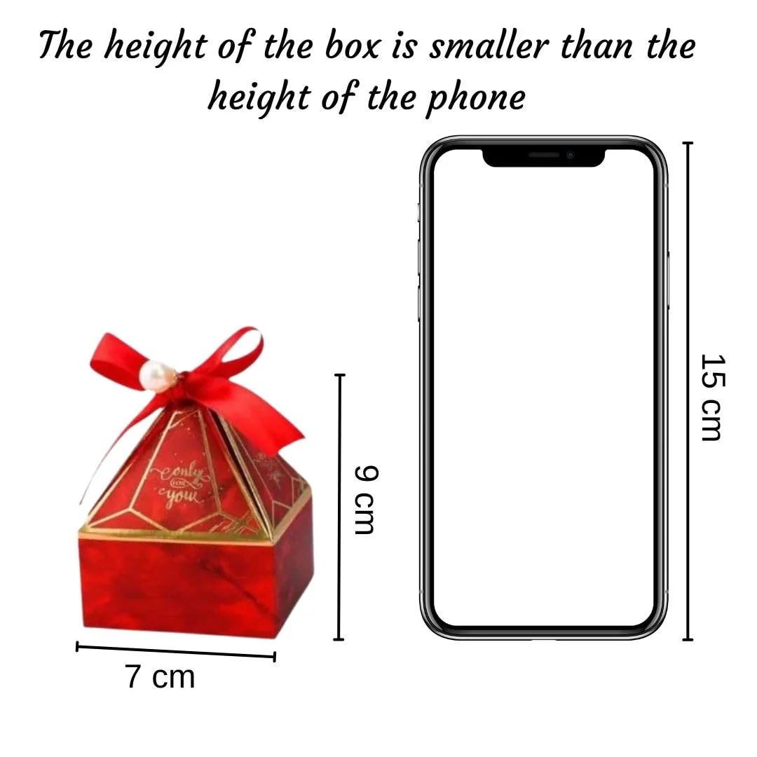 Size reference of diamond pyramid gift box - 7cm x 9cm compared to a smartphone