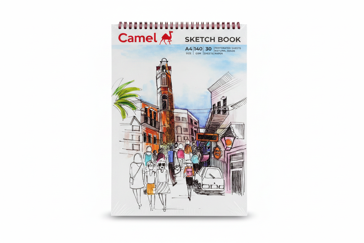 Camel Sketch Book A4 front cover with spiral at top and watercolour street scene