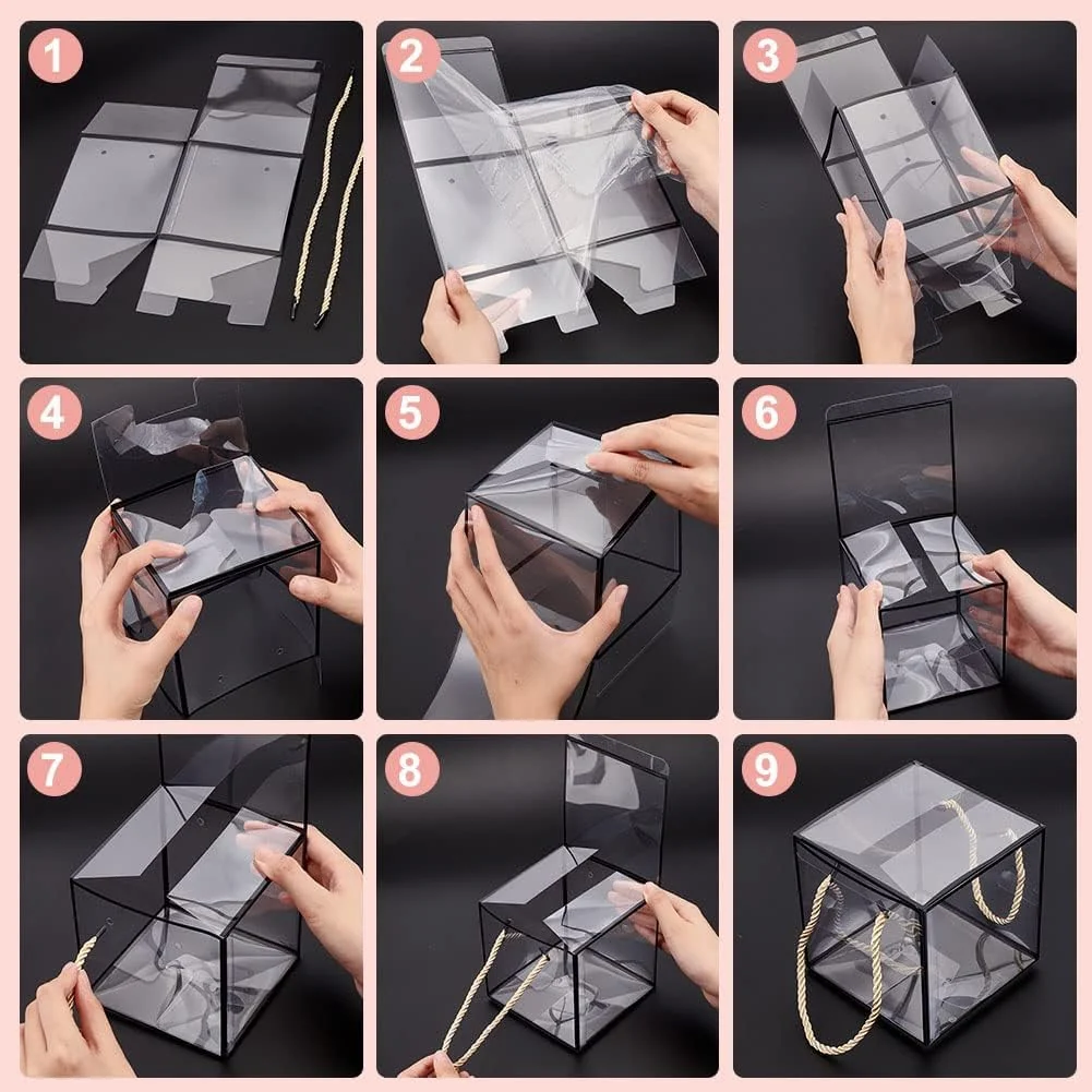9-step assembly instructions for transparent black border PVC gift bag