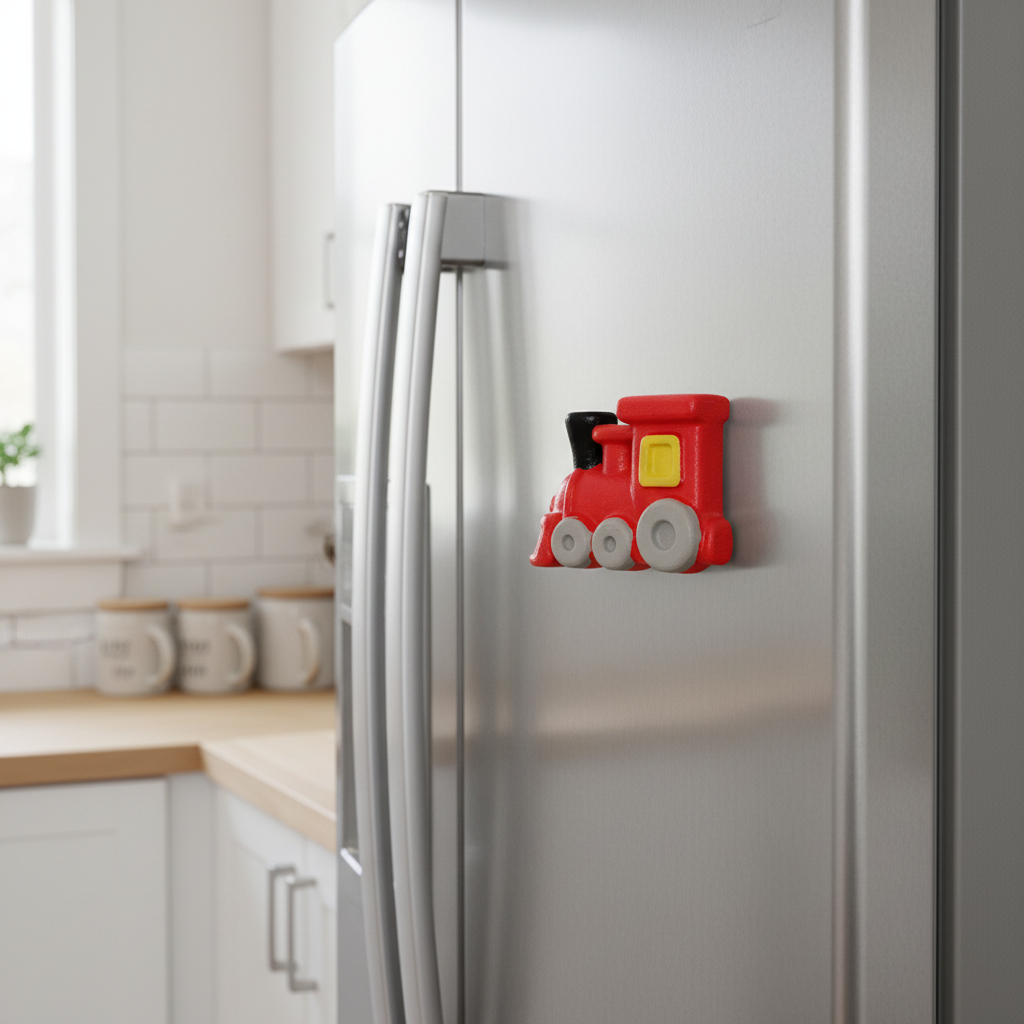 Train engine painted fridge magnet on stainless steel fridge