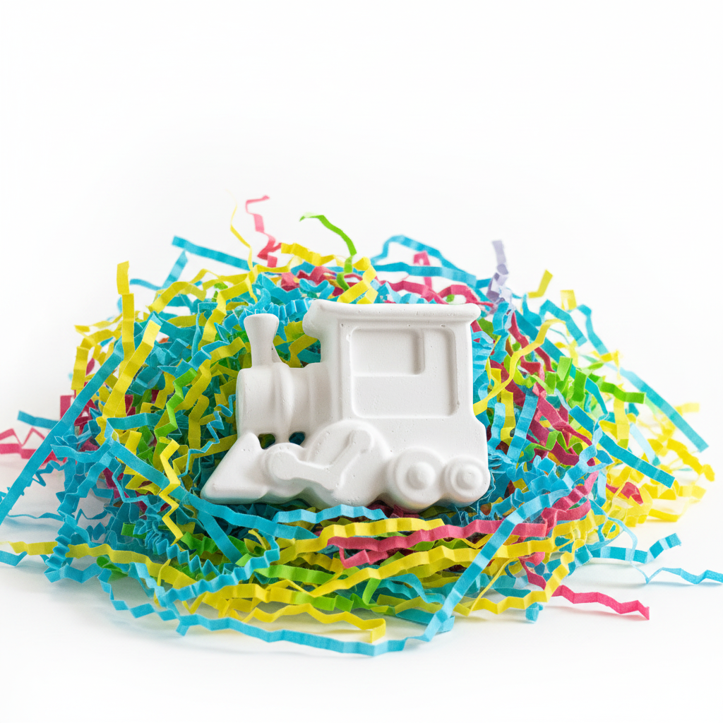 White plaster steam engine train figure on clean white background with soft shadows