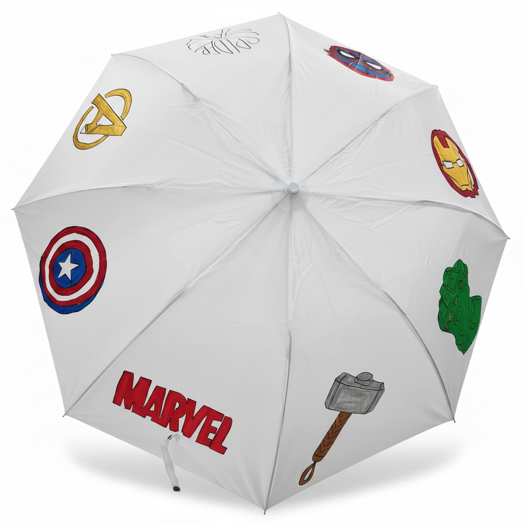 Marvel DIY Umbrella Activity Kit - painted mockup showing coloured superhero icons