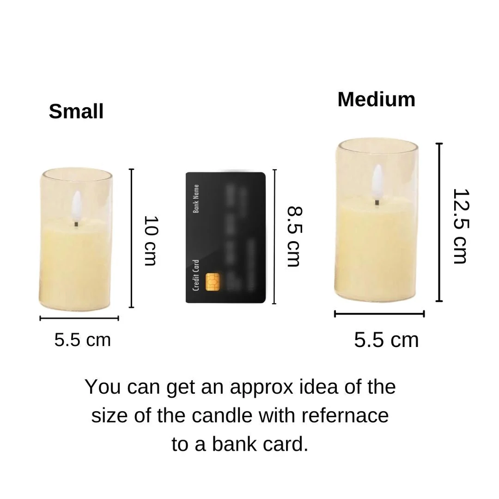 Size comparison of small (10cm) and medium (12.5cm) flameless LED candles