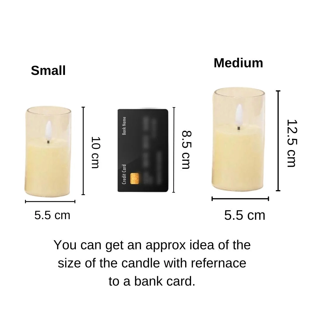 Size comparison of small (10cm) and medium (12.5cm) flameless LED candles