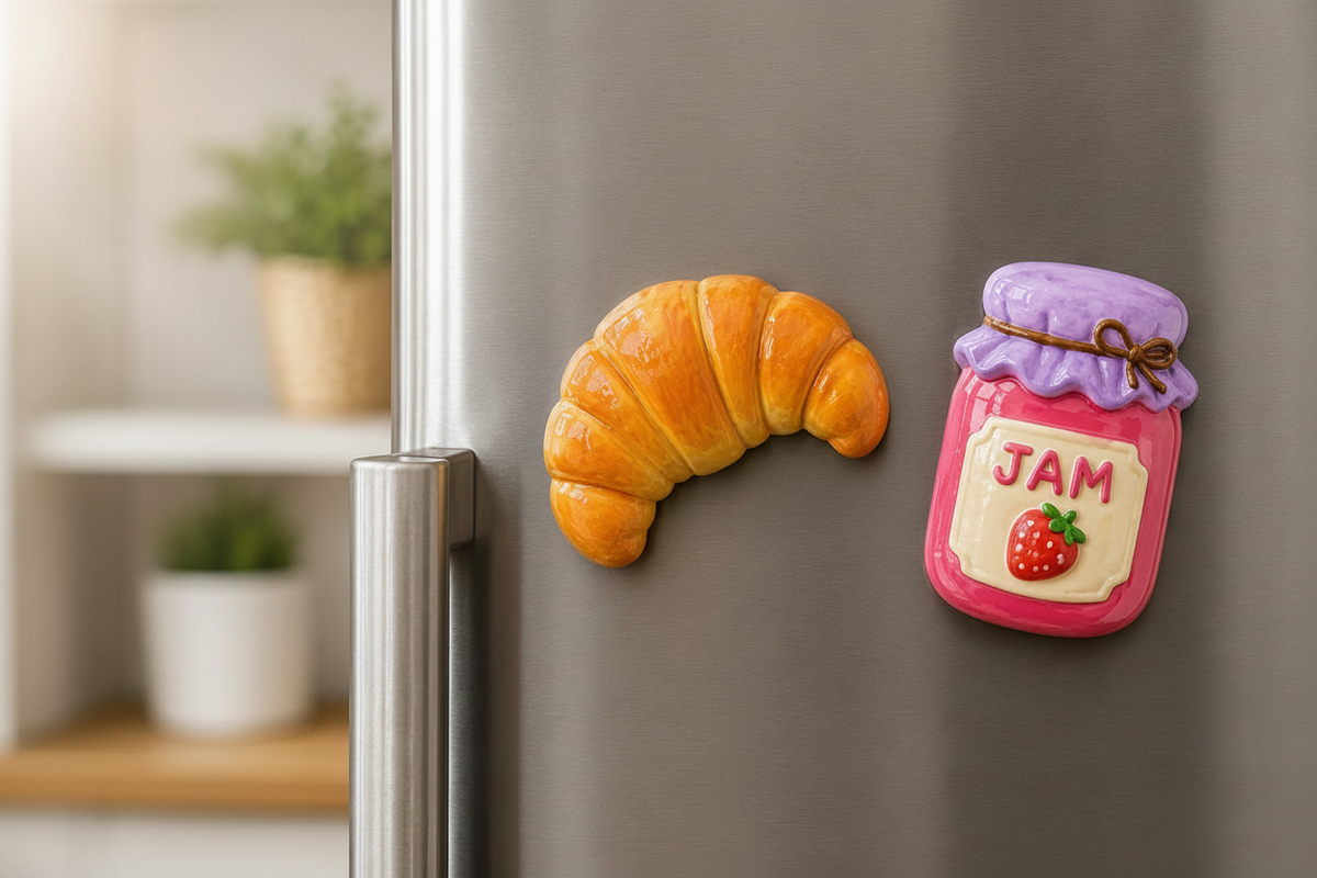 Finished DIY croissant and JAM jar painted figurines as fridge magnets on refrigerator