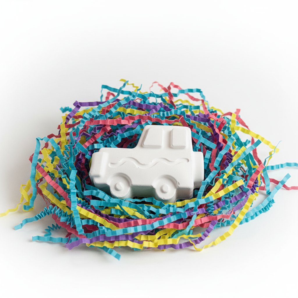 White plaster jeep figure on clean white background with soft shadows
