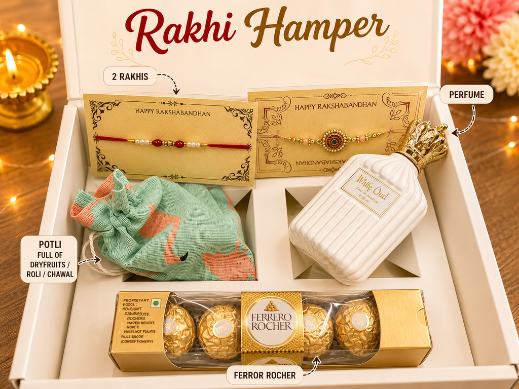 Rakhi Hamper contents - 2 Rakhis, White Oud Perfume, Dry Fruits Potli and Ferrero Rocher