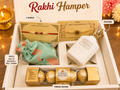 Rakhi Hamper contents - 2 Rakhis, White Oud Perfume, Dry Fruits Potli and Ferrero Rocher