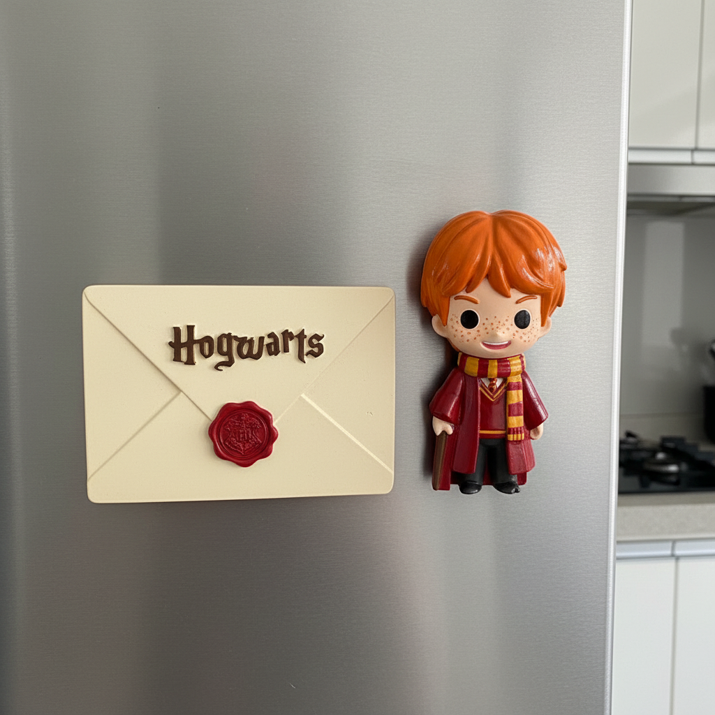 Painted Ron Weasley and Hogwarts Letter fridge magnets on refrigerator