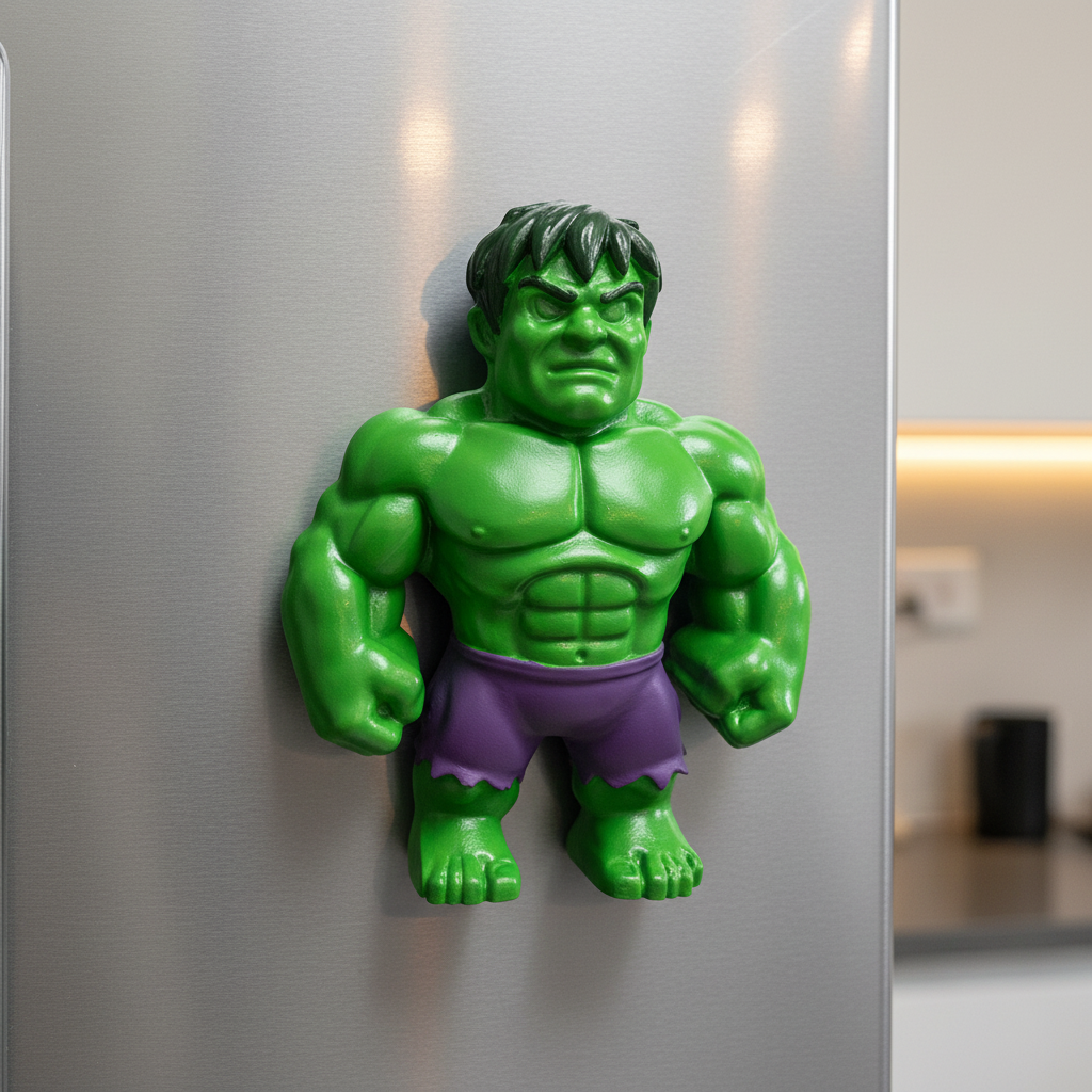 Painted Hulk fridge magnet on refrigerator